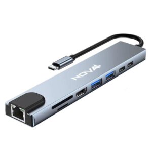 HUB INTELIGENTE NOVA FAA383CC002C 8 EN 1 USB-C PUERTOS 1 MICRO SD / 1 TF CARD / 1 RJ45 / 1 USB-C / 2 USB-A 3.0 / 1 PD CARGA RAPIDA / 1 HDMI 4K PLATEADO